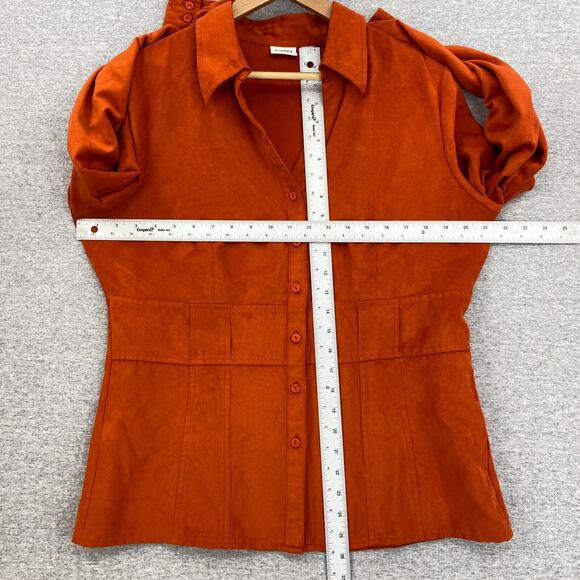Cato Blouse Womens Large Orange Faux Suede V Neck Button Up Long Sleeve Fitted - Picture 6 of 10